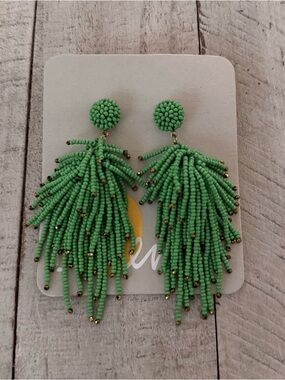 Boden Green Beaded Tassel Drop Earrings NWT